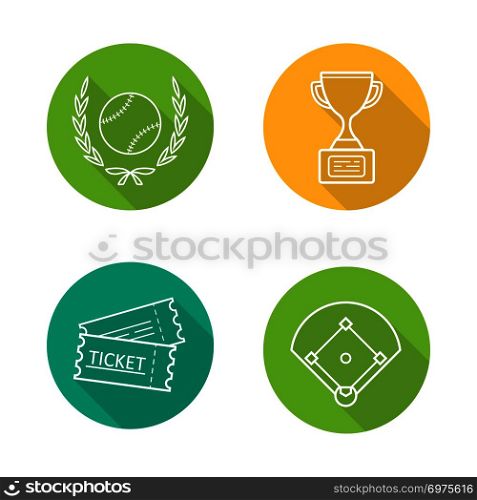 Baseball championship. Flat linear long shadow icons set. Softball ball in laurel wreath, field, tickets, winner&rsquo;s gold trophy cup. Vector line illustration. Baseball championship