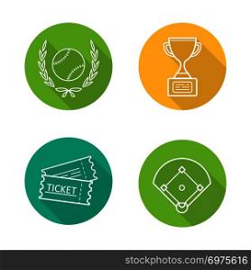 Baseball championship. Flat linear long shadow icons set. Softball ball in laurel wreath, field, tickets, winner&rsquo;s gold trophy cup. Vector line illustration. Baseball championship