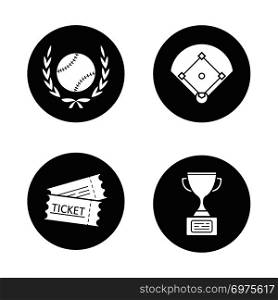 Baseball championship icons set. Softball ball in laurel wreath, field, tickets, winner&rsquo;s trophy cup. Vector white silhouettes illustrations in black circles. Baseball championship icons set
