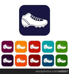 Baseball cleat icons set vector illustration in flat style In colors red, blue, green and other. Baseball cleat icons set flat