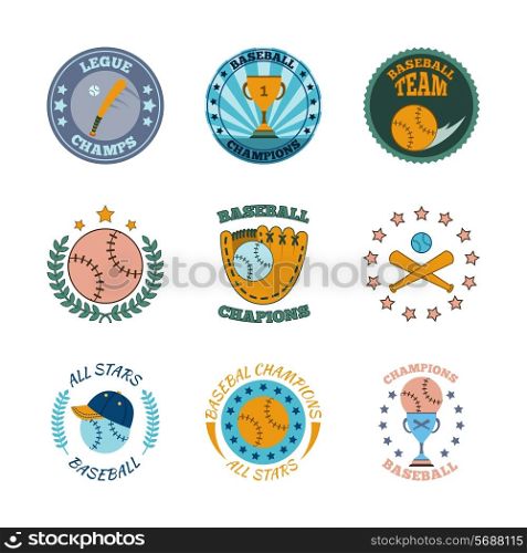 Baseball college champs all stars winners club color labels set with champions trophy abstract isolated vector illustration
