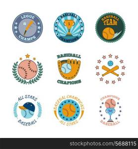 Baseball college champs all stars winners club color labels set with champions trophy abstract isolated vector illustration
