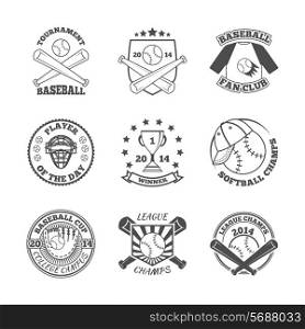 Baseball college league softball winners club graphic labels set with pitch glove abstract black isolated vector illustration