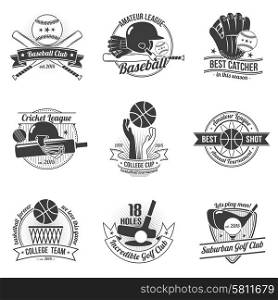 Baseball cricket golf clubs sport label black set isolated vector illustration. Sport Label Set