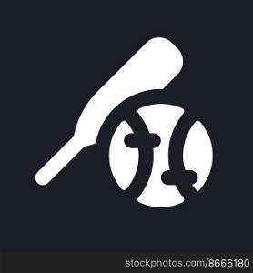 Baseball equipment dark mode glyph ui icon. Team ball game. Active hobby. User interface design. White silhouette symbol on black space. Solid pictogram for web, mobile. Vector isolated illustration. Baseball equipment dark mode glyph ui icon