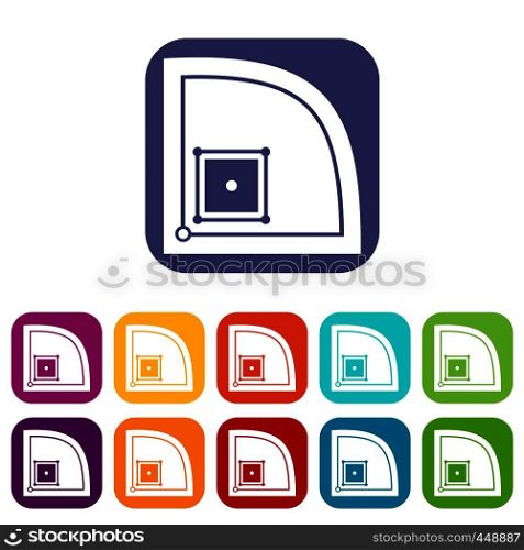 Baseball field icons set vector illustration in flat style In colors red, blue, green and other. Baseball field icons set flat