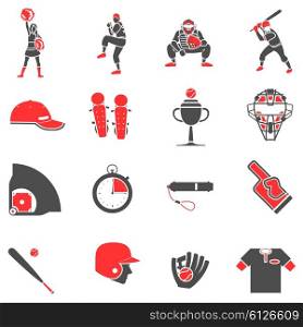 Baseball flat icons set. Baseball flat black and red icons set with sport equipment symbols isolated vector illustration