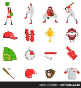 Baseball flat icons set with players fans and sport equipments isolated vector illustration. Baseball flat set