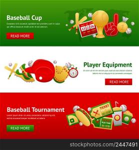 Baseball game horizontal banner set with cup player equipment and tournament elements isolated vector illustration