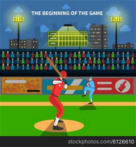 Baseball game illustration. Baseball game concept with athletes on field and fans vector illustration