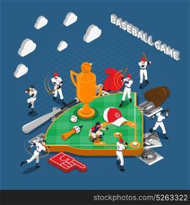 Baseball Game Isometric Composition. Baseball game isometric composition with players their photos sports equipment and attributes on blue background vector illustration