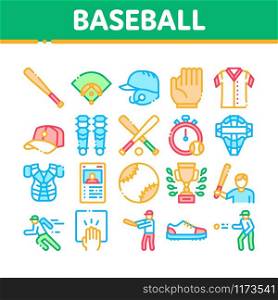 Baseball Game Tools Collection Icons Set Vector Thin Line. Baseball Bat And Ball, Protection Helmet And Glove, Stopwatch And Cup Concept Linear Pictograms. Color Contour Illustrations. Baseball Game Tools Collection Icons Set Vector
