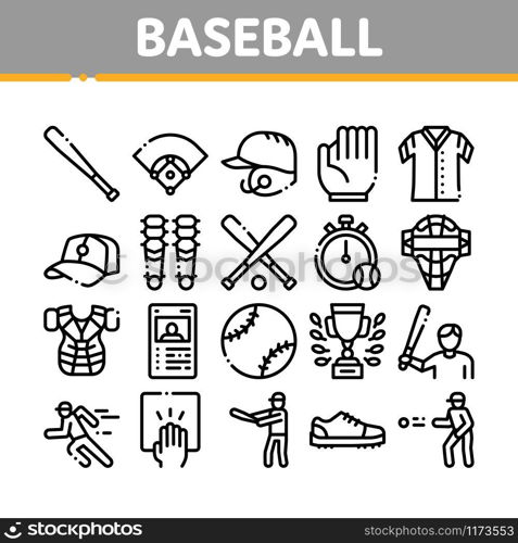 Baseball Game Tools Collection Icons Set Vector Thin Line. Baseball Bat And Ball, Protection Helmet And Glove, Stopwatch And Cup Concept Linear Pictograms. Monochrome Contour Illustrations. Baseball Game Tools Collection Icons Set Vector