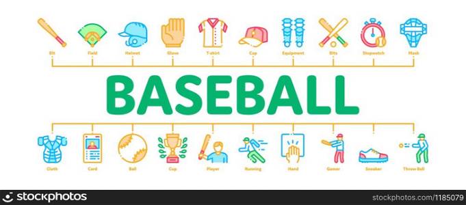 Baseball Game Tools Minimal Infographic Web Banner Vector. Baseball Bat And Ball, Protection Helmet And Glove, Stopwatch And Cup Concept Illustrations. Baseball Game Tools Minimal Infographic Banner Vector