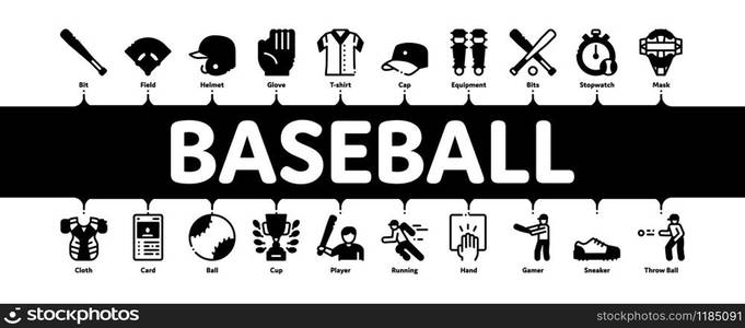 Baseball Game Tools Minimal Infographic Web Banner Vector. Baseball Bat And Ball, Protection Helmet And Glove, Stopwatch And Cup Concept Illustrations. Baseball Game Tools Minimal Infographic Banner Vector