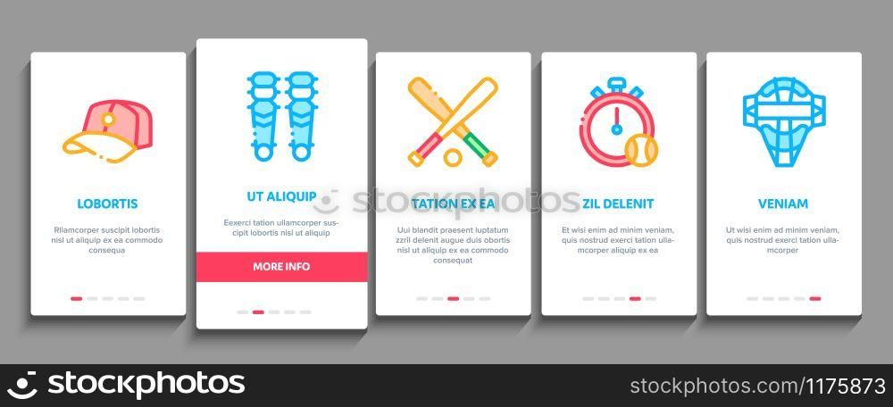 Baseball Game Tools Onboarding Mobile App Page Screen Vector. Baseball Bat And Ball, Protection Helmet And Glove, Stopwatch And Cup Concept Linear Pictograms. Color Contour Illustrations. Baseball Game Tools Onboarding Elements Icons Set Vector