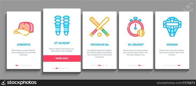 Baseball Game Tools Onboarding Mobile App Page Screen Vector. Baseball Bat And Ball, Protection Helmet And Glove, Stopwatch And Cup Concept Linear Pictograms. Color Contour Illustrations. Baseball Game Tools Onboarding Elements Icons Set Vector