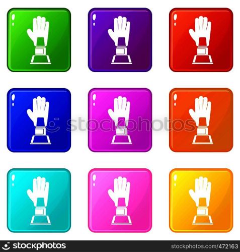 Baseball glove award icons of 9 color set isolated vector illustration. Baseball glove award icons 9 set