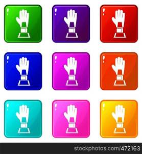 Baseball glove award icons of 9 color set isolated vector illustration. Baseball glove award icons 9 set