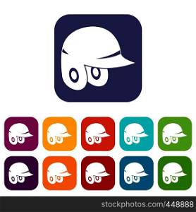 Baseball helmet icons set vector illustration in flat style In colors red, blue, green and other. Baseball helmet icons set flat