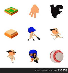 Baseball icons set. Cartoon set of 9 baseball vector icons for web isolated on white background. Baseball icons set, cartoon style