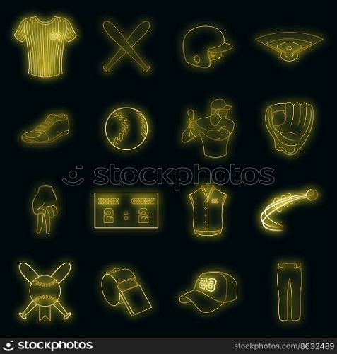 Baseball icons set in neon style. Softball equipment set collection vector illustration. Baseball icons set vector neon