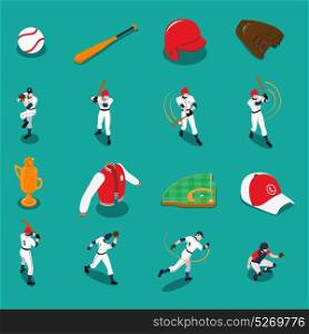 Baseball Isometric Icons Set. Baseball set of isometric icons with players sports gear and trophy on turquoise background isolated vector illustration