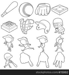 Baseball items icons set. Outline illustration of 16 baseball items vector icons for web. Baseball items icons set, outline style