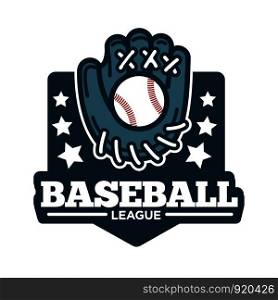 Baseball league logo glove made of leather and ball vector isolated logotype of american national game mitten with threads and starry symbols stars meaning success of team reward for good play.. Baseball league logo glove made of leather and ball