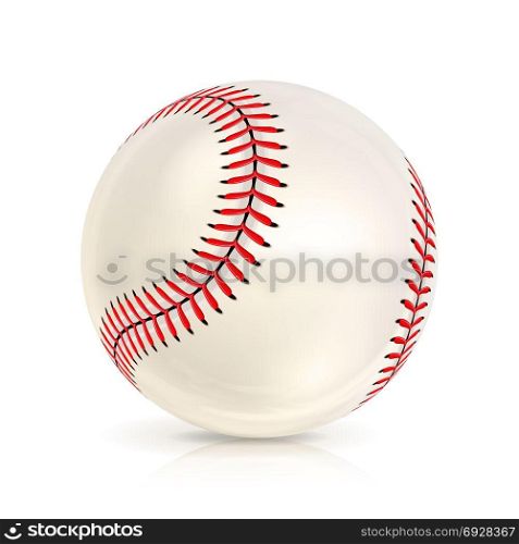 Baseball Leather Ball Close-up Isolated On White. Realistic Baseball Icon. Vector Illustration. Baseball Leather Ball Isolated On White. SoftBall Base Ball. Shiny