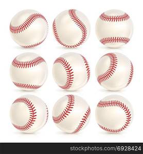 Baseball Leather Ball Close-up Set Isolated. Baseball Leather Ball Isolated On White. SoftBall Base Ball. Shiny