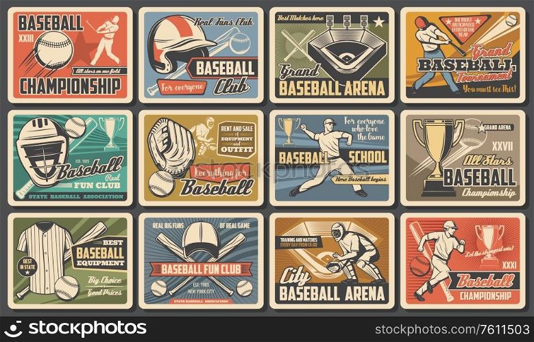 Baseball player and batter with bat, ball at arena. Baseball and softball sport tournament and equipment. Vintage retro sport posters, fan club and championship, cup match. Baseball sport game players and items