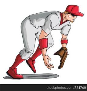 Baseball player bent down, illustration, vector on white background.