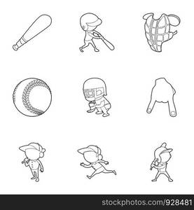 Baseball player icons set. Outline set of 9 baseball player vector icons for web isolated on white background. Baseball player icons set, outline style