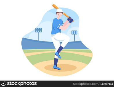 Baseball Player Sports Throwing, Catching or Hitting a Ball with Bats and Gloves Wearing Uniform on Court Stadium in Flat Cartoon Illustration