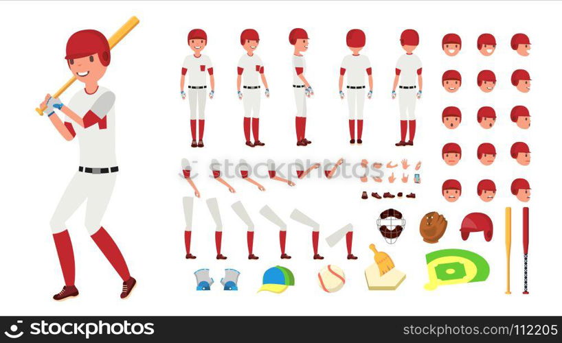 Baseball Player Vector. Animated Character Creation Set. American Base Ball Tools And Equipment. Full Length, Front, Side, Back View, Accessories, Poses, Face Emotions, Gestures. Isolated Flat Cartoon Illustration. Baseball Player Vector. Animated Character Creation Set. American Base Ball Tools And Equipment. Full Length, Front, Side, Back View, Accessories, Poses, Face Emotions. Isolated Flat Cartoon Illustration