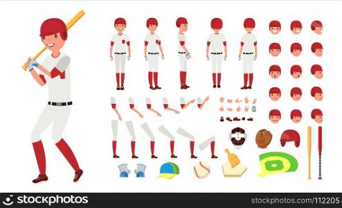 Baseball Player Vector. Animated Character Creation Set. American Base Ball Tools And Equipment. Full Length, Front, Side, Back View, Accessories, Poses, Face Emotions, Gestures. Isolated Flat Cartoon Illustration. Baseball Player Vector. Animated Character Creation Set. American Base Ball Tools And Equipment. Full Length, Front, Side, Back View, Accessories, Poses, Face Emotions. Isolated Flat Cartoon Illustration
