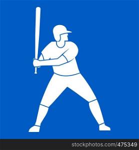 Baseball player with bat icon white isolated on blue background vector illustration. Baseball player with bat icon white