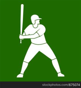 Baseball player with bat icon white isolated on green background. Vector illustration. Baseball player with bat icon green