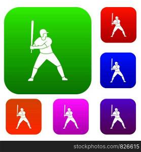 Baseball player with bat set icon color in flat style isolated on white. Collection sings vector illustration. Baseball player with bat set color collection