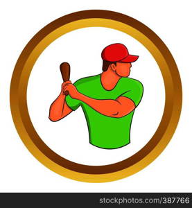 Baseball player with bat vector icon in golden circle, cartoon style isolated on white background. Baseball player with bat vector icon