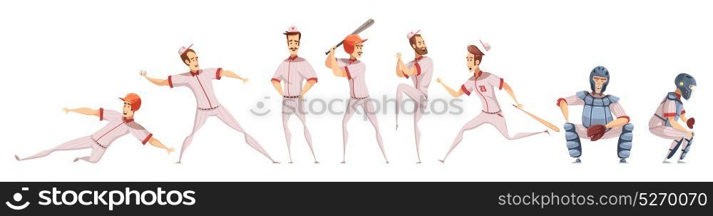 Baseball Players Colored Icons Set. Baseball players colored icons set with cartoon sportsman figurines in different poses on white background flat isolated vector illustration