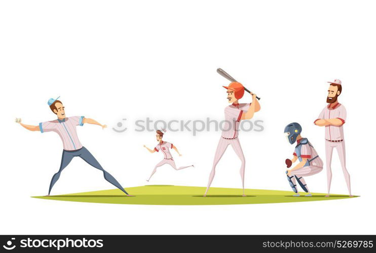 Baseball Players Design Concept . Baseball players design concept with cartoon sportsman figurines engaged in game on sports field flat vector illustration