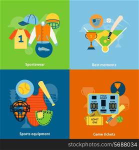 Baseball players protective sportswear equipment match scoreboard and trophy celebration flat icons infographics vector illustration