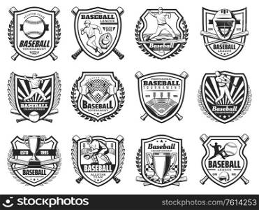 Baseball sport and players vector icons. Sports team club badges or league tournament monochrome signs. Baseball or softball game championship trophy, player bat and ball with helmet and equipment. Baseball sport and players vector icons