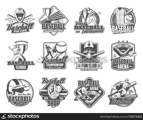 Baseball sport ball, bat and trophy cup vector badges. Player on sporting arena with glove or mitt, team uniform jersey, cap and play field, catcher helmet, mask and leg pad monochrome icons design. Baseball player with sport ball, bat, glove icons