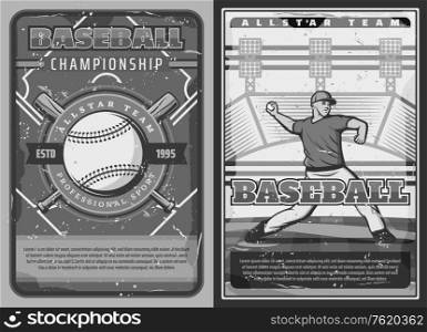 Baseball sport championship, professional team club game and league tournament vintage posters. Vector baseball or softball game player quarterback with bat and ball on arena field. Baseball player on arena, sport championship