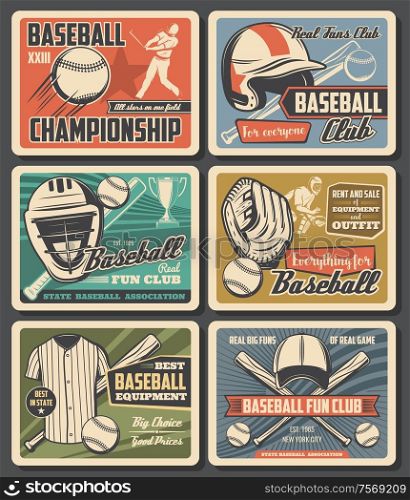 Baseball sport fun clubs and equipment, rent, sale. Vector flying ball and player, sporting items and sportsman uniform. vintage style championship tournament cards, player with bat and glove. Baseball sport equipment, vintage cards