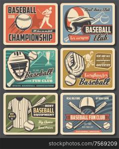 Baseball sport fun clubs and equipment, rent, sale. Vector flying ball and player, sporting items and sportsman uniform. vintage style championship tournament cards, player with bat and glove. Baseball sport equipment, vintage cards