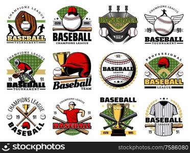 Baseball sport game champion league badges with vector balls, bats and team players. Trophy cups, stadium play fields and catcher glove, pitcher jersey, cap and winner laurel wreath retro icons. Baseball sport players, balls, bats and trophy cup